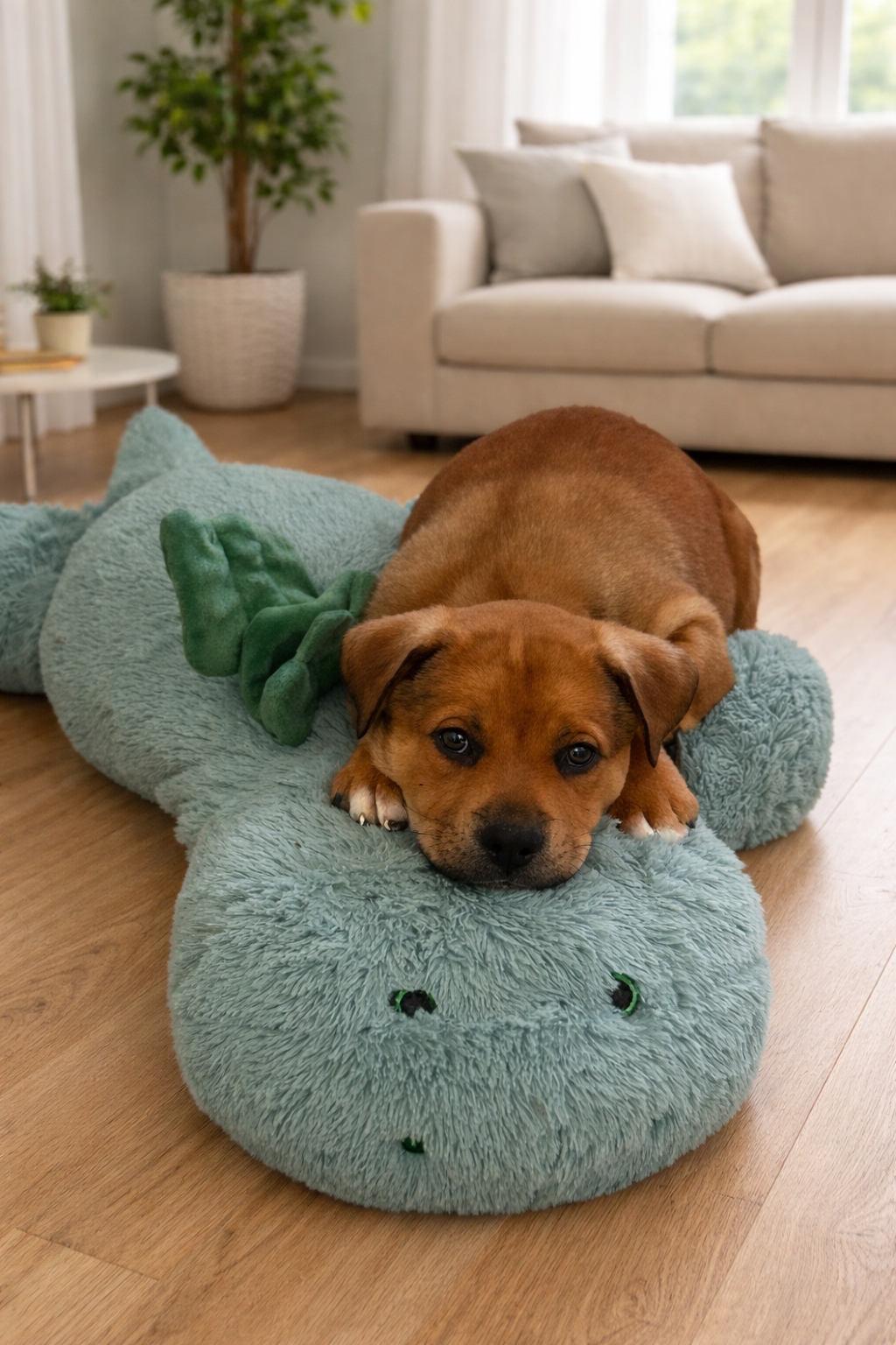 Adorable brown puppy resting on plush toy
